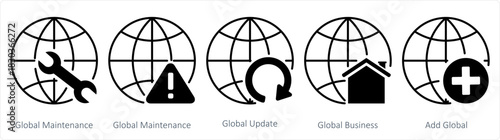 A set of 5 internet icons as global maintenance, global update, global business