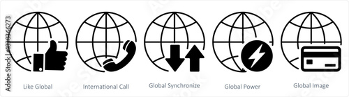A set of 5 internet icons as like global, international call, global synchronize