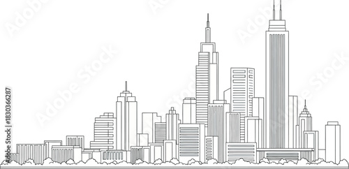 Minimalist outline city skyline vector illustration featuring modern skyscrapers and urban architecture. clean cityscape art. Vector