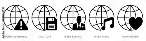 A set of 5 internet icons as global maintenance, global card, global business