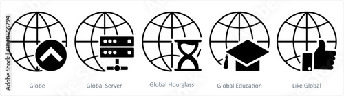 A set of 5 internet icons as globe, global server, global hourglass