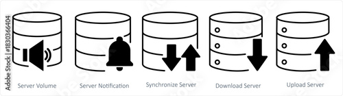 A set of 5 internet icons as server volume, server notification, synchronize server