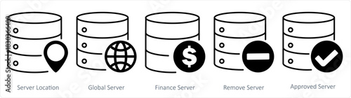 A set of 5 internet icons as server location, global server, finance server