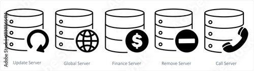 A set of 5 internet icons as update server, global server, finance server