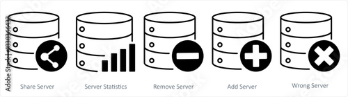 A set of 5 internet icons as share server, server statistics, remove server