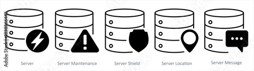 A set of 5 internet icons as server, server maintenance, server shield