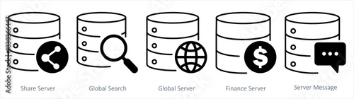 A set of 5 internet icons as share server, global search, finance server