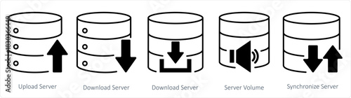 A set of 5 internet icons as upload server, download server, server volume