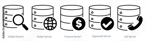A set of 5 internet icons as global search, global server, finance server