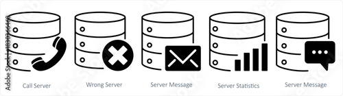 A set of 5 internet icons as call server, wrong server, server message