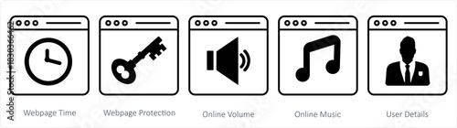 A set of 5 internet icons as webpage time, webpage protection, online volume