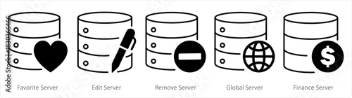 A set of 5 internet icons as favorite server, edit server, remove server