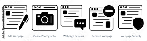 A set of 5 internet icons as edit webpage, online photography, webpage reviews