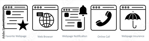 A set of 5 internet icons as favorite webpage, web browser, webpage notification