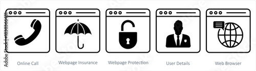 A set of 5 internet icons as online call, webpage insurance, webpage protection