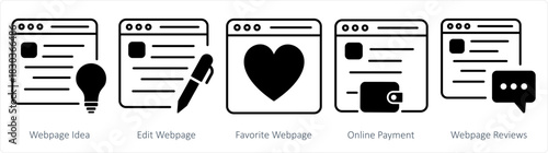 A set of 5 internet icons as webpage idea, edit webpage, favorite webpage