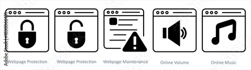 A set of 5 internet icons as webpage protection, webpage maintenance, online volume