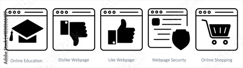 A set of 5 internet icons as online education, dislike webpage, like webpage