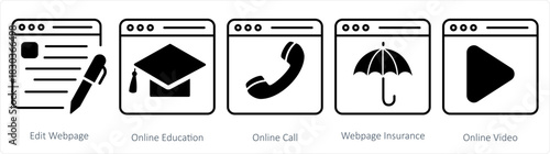 A set of 5 internet icons as edit webpage, online education, online call