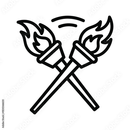 Crossed olympic style torches with burning flames line art icon