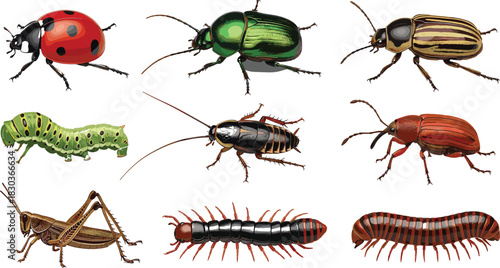 Realistic Detailed Vector Collection of Common Garden and Household Pests and Beneficial Insects, Including Ladybug, Caterpillars, Cockroaches, Weevils, Centipedes, Millipedes, and Grasshoppers for En