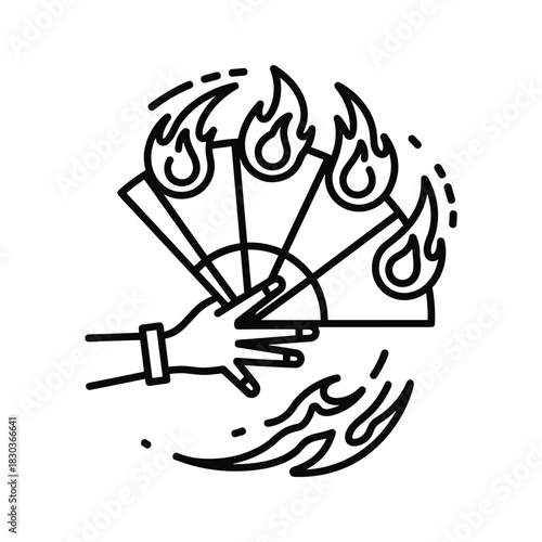 Hand holding mystical fan with fiery elements and a classic outline design.