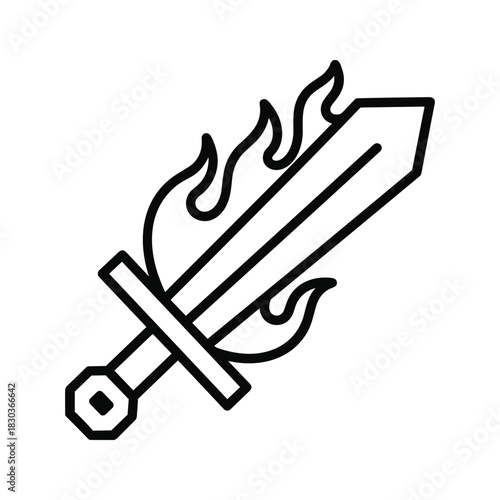 Flaming sword outline icon for power, fantasy, magic, and strength