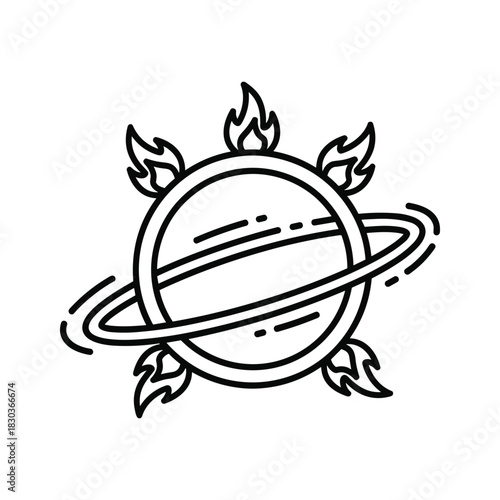 Abstract fiery planet with orbiting rings line art vector design