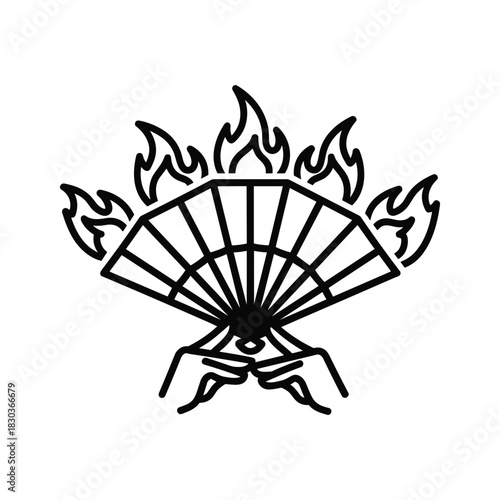 Traditional oriental hand fan held by hands with rising flames