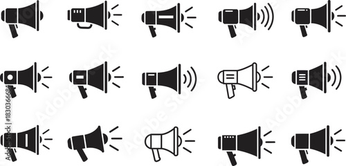 Megaphone icons set. a comprehensive collection of various loudspeaker symbols for announcement, alert, and marketing communication. Vector