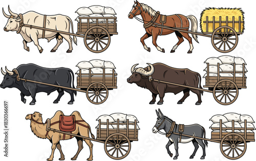 Set of Traditional Animal-Drawn Carts and Wagons, Featuring Diverse Livestock Including Horse, Camel, Oxen, Water Buffalo, and Donkey Hauling Heavy Sacks of Goods and Agricultural Hay