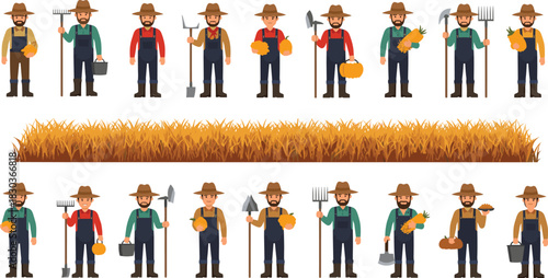Diverse Collection of Happy Farmers in Overalls and Hats, Holding Various Farm Tools and Harvested Produce Like Pumpkins and Carrots, Set Against a Background of Golden Wheat Grass