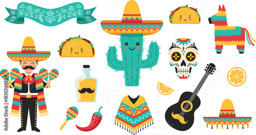 Vibrant Cinco de Mayo and Mexican Party Vector Collection Set Illustrating a Mariachi Man, Sombrero, Cactus, Pinata, Guitar, Tacos, and Day of the Dead Sugar Skull Elements