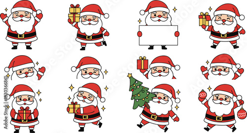 Mega Vector Collection of Cute Santa Claus Characters in Various Poses, Holding Gifts, Christmas Trees, and Blank Signs, Ideal for Holiday Greetings, Stickers, and Seasonal Design