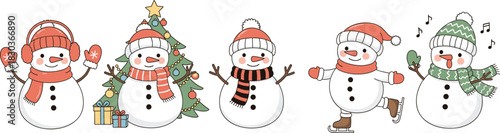 Cute Vector Collection of Christmas and Winter Snowman Characters, Wearing Scarves, Hats, and Mittens, Engaged in Festive Activities like Ice Skating and Standing Next to a Decorated Tree