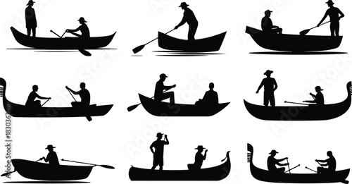 Boating silhouette icon set, gondola and rowboat figure collection, water activity poses, black white vector, cad drawing flat vector illustration