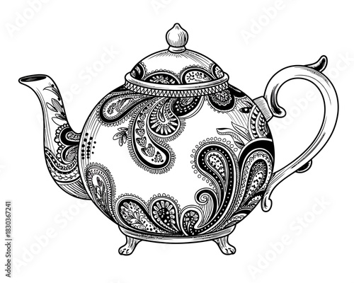 Ornate black and white paisley teapot illustration