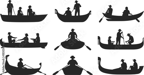 Boating silhouette icon set, traditional watercraft activity poses, row and paddle scenes, black white vector, cad drawing flat vector illustration