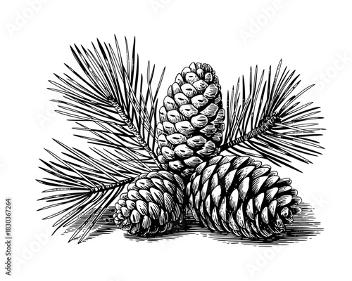Vintage illustration of pine cones and needles in black and white