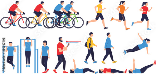 Vector Collection of Active People Exercising, Featuring Cycling, Running, Walking, Pull-Ups, Calisthenics, and Floor Exercises, Illustrating Fitness, Health, and Active Lifestyles
