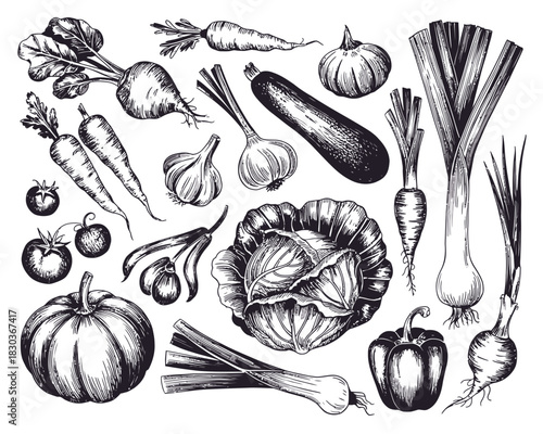 Hand drawn sketch of assorted fresh vegetables collection