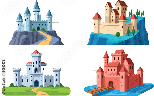 Set of Flat Vector Medieval Castle Illustrations, Featuring Fairy Tale Fortresses Built on Rocky Hills, Lush Green Ground, and Surrounded by Water with a Drawbridge, Perfect for Games or Fantasy Desig