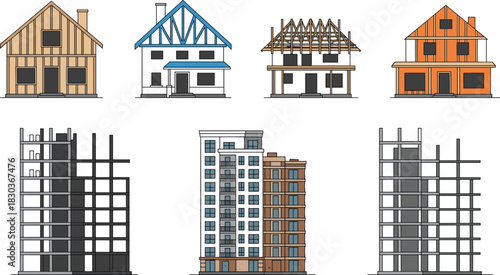 Vector Set of Building Construction Phases, Featuring Residential Houses with Framing and Roofing, and High-Rise Apartment Blocks with Concrete Skeletons and Partial Exterior Finishing