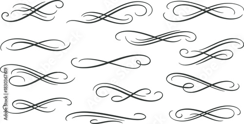 Collection of hand drawn flourish design elements isolated on, decorative swirls and dividers for invitation card