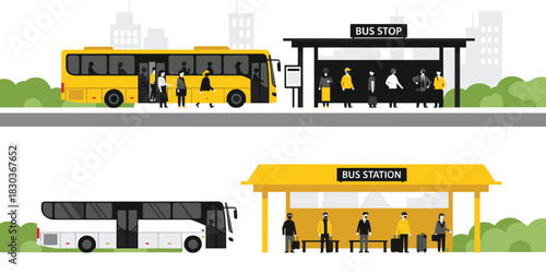 Vector Illustration Set of Public Transportation and Urban Travel Scenes, Featuring People Waiting at a Bus Stop and a Bus Station, Alongside Yellow City Buses and White Intercity Coaches