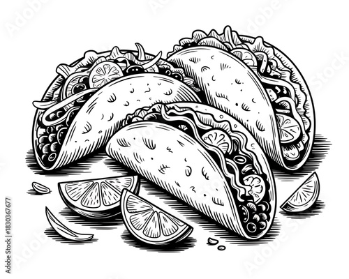 Black and white illustration of three delicious tacos with lime slices