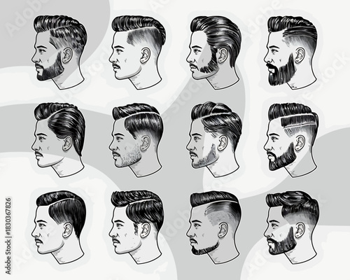 Collection of diverse men s hairstyles and beard styles in profile view