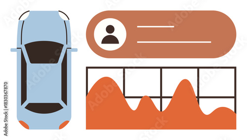 Car with a user profile beside it and a dynamic line chart showing trends. Ideal for mobility, telematics, analytics, car diagnostics, technology, user behavior, simple flat metaphor