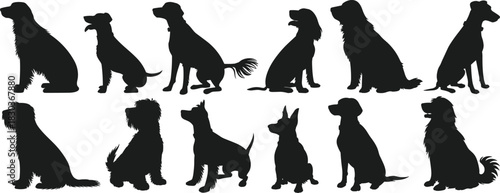 Dog silhouette icon set, breed posture variation collection, pet graphic elements, black white vector, cad drawing flat vector illustration