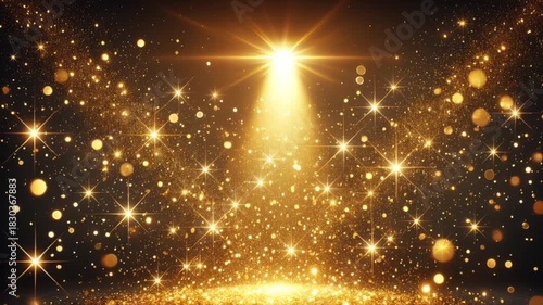 Golden spotlight from above lighting shimmering gold particles on stage in motion
 